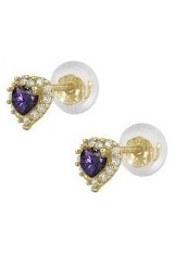 tiny gold heart shaped February birthstone baby earrings